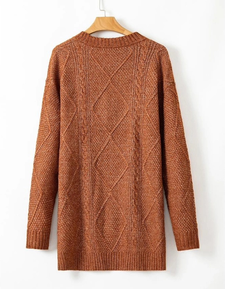 Coffee Cable Knit Drop Shoulder Loose Fit Sweater Dress
