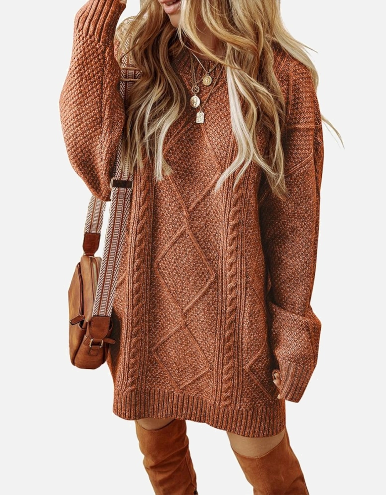 Coffee Cable Knit Drop Shoulder Loose Fit Sweater Dress