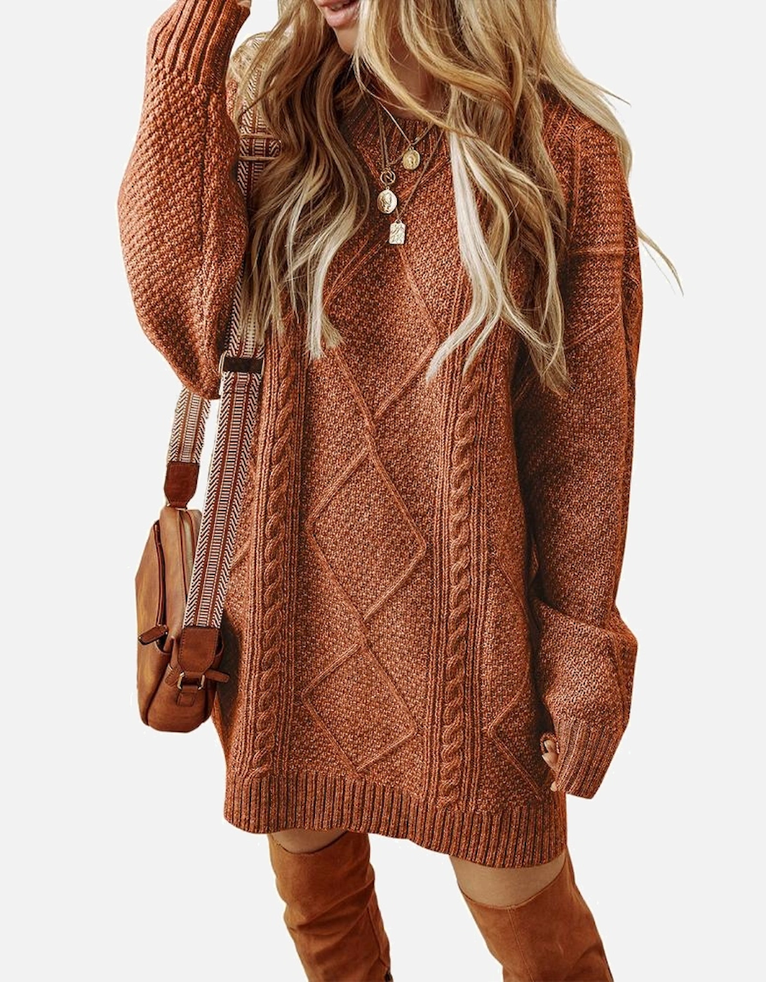 Coffee Cable Knit Drop Shoulder Loose Fit Sweater Dress