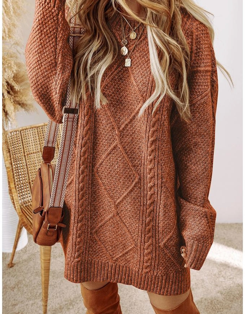 Coffee Cable Knit Drop Shoulder Loose Fit Sweater Dress