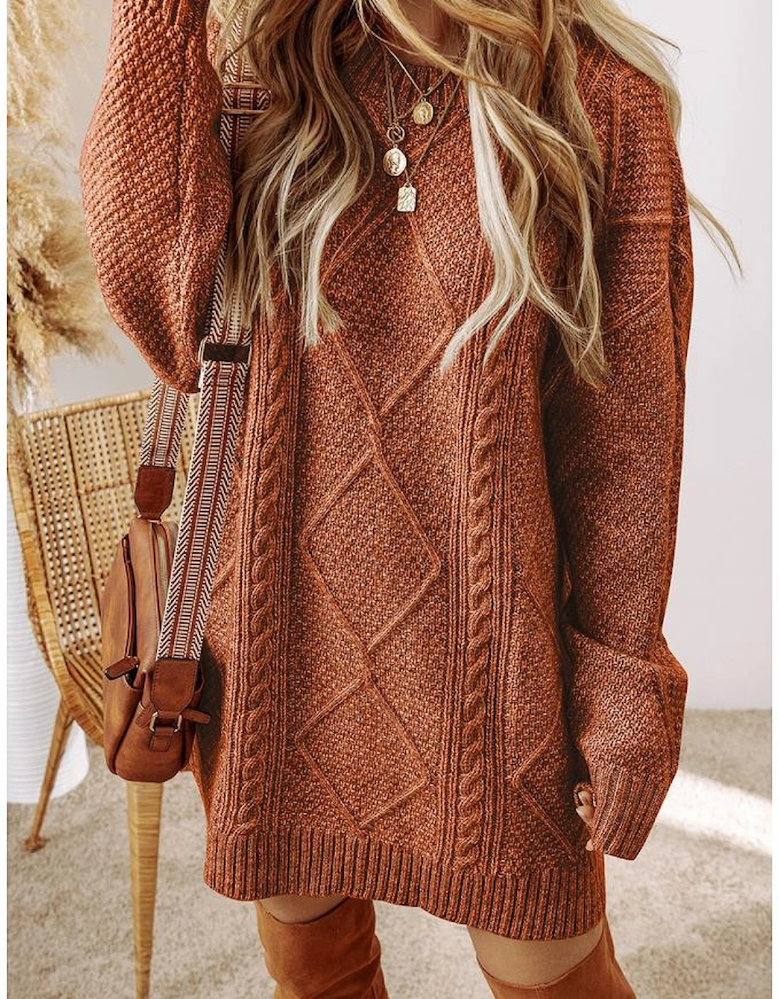 Coffee Cable Knit Drop Shoulder Loose Fit Sweater Dress