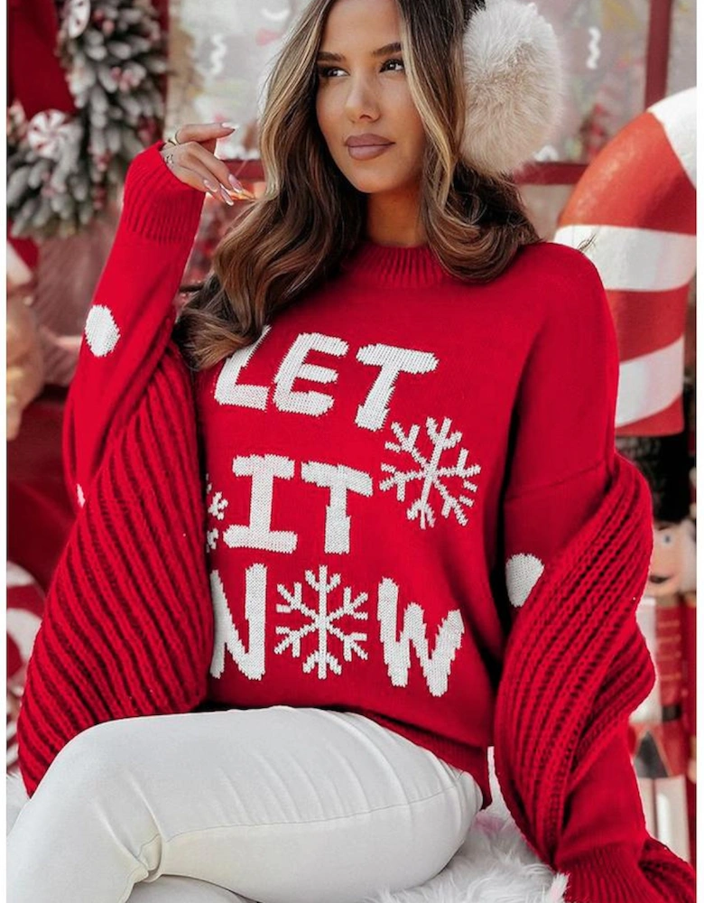 Red Dahlia LET IT SNOW Graphic Christmas Holiday Loose Sweater