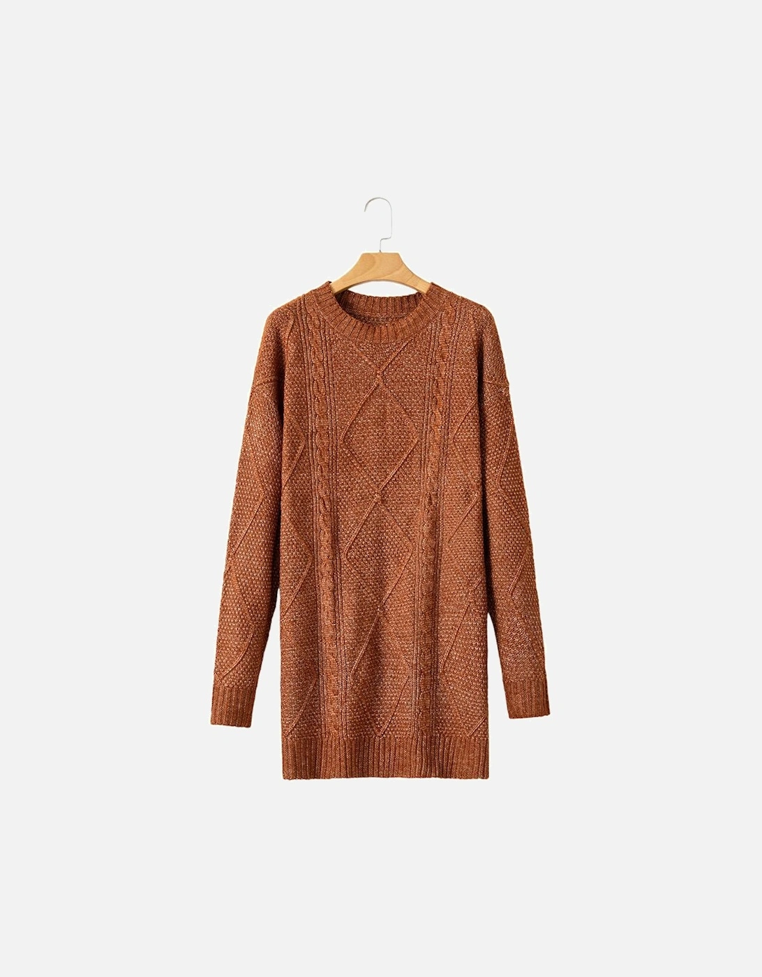 Coffee Cable Knit Drop Shoulder Loose Fit Sweater Dress