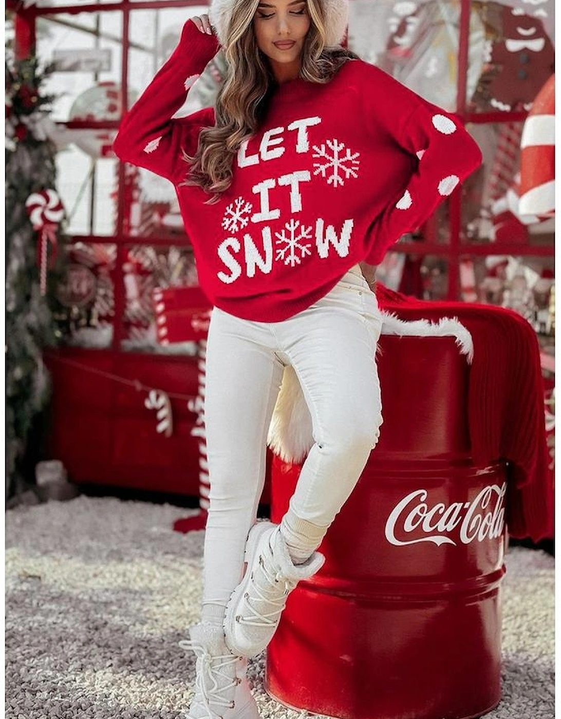 Red Dahlia LET IT SNOW Graphic Christmas Holiday Loose Sweater