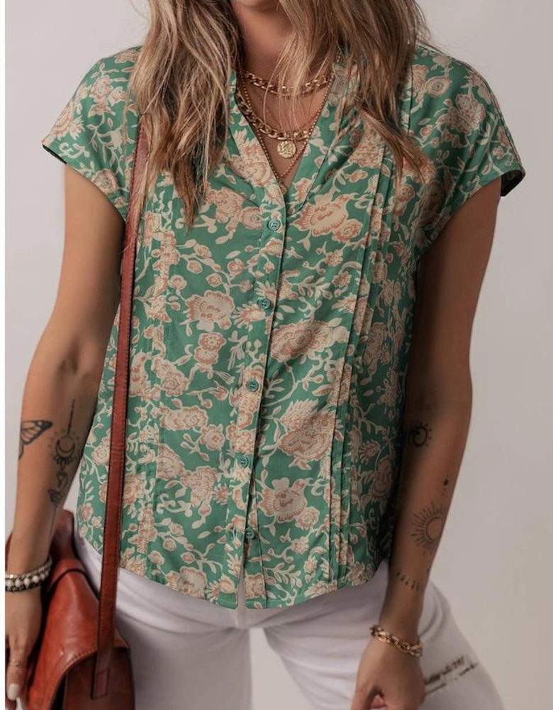 Green Floral Print Pleated Buttoned V Neck Short Sleeve Blouse