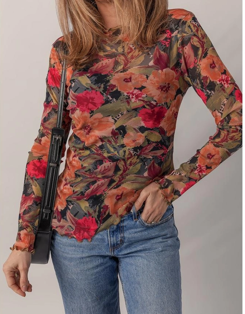 Multicolour Floral Print Lettuce Trim Long Sleeve Mesh Top
