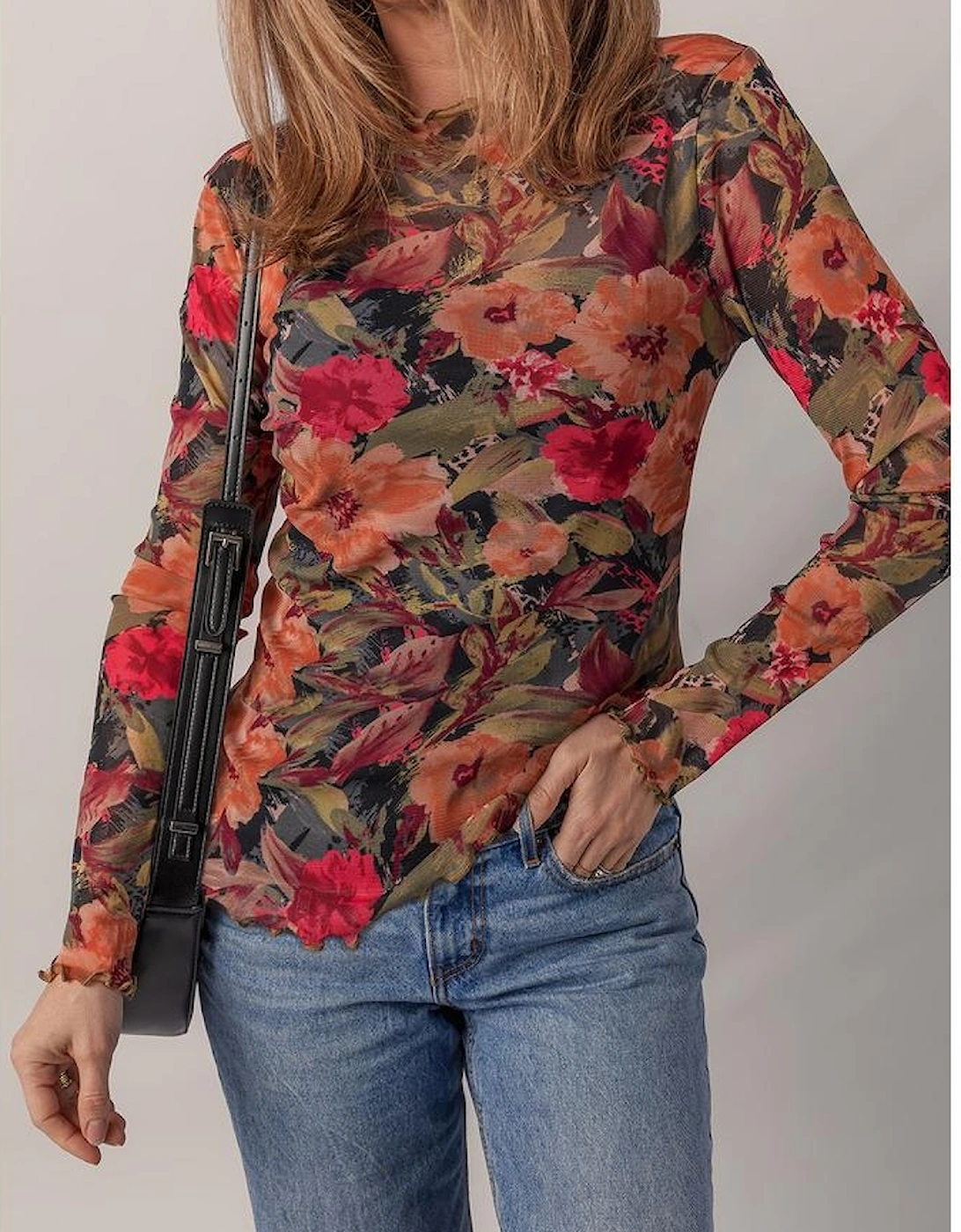 Multicolour Floral Print Lettuce Trim Long Sleeve Mesh Top