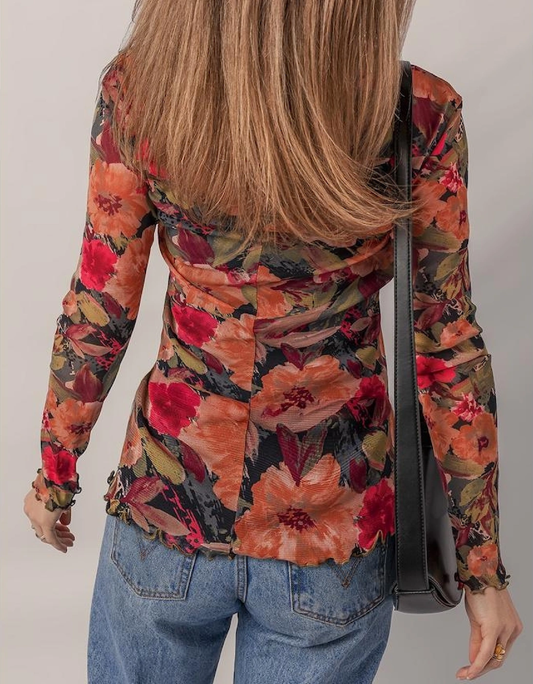 Multicolour Floral Print Lettuce Trim Long Sleeve Mesh Top, 13 of 12
