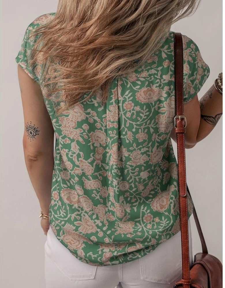 Green Floral Print Pleated Buttoned V Neck Short Sleeve Blouse