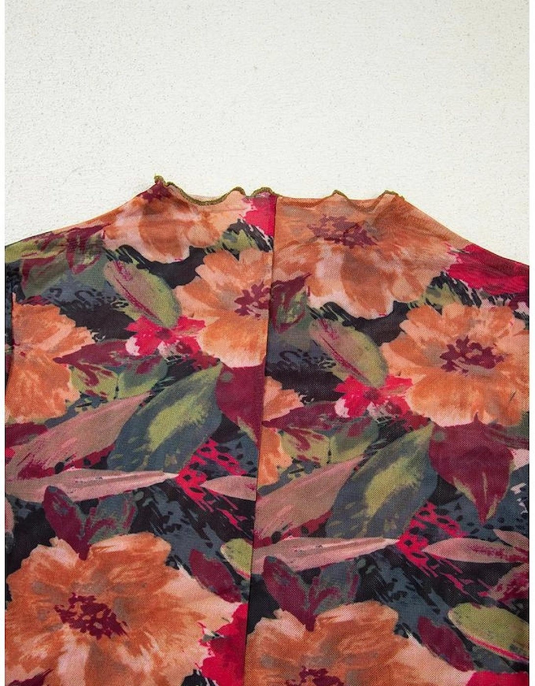 Multicolour Floral Print Lettuce Trim Long Sleeve Mesh Top