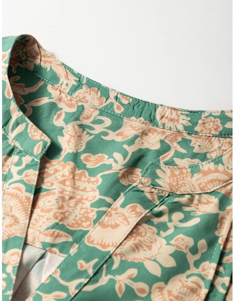 Green Floral Print Pleated Buttoned V Neck Short Sleeve Blouse