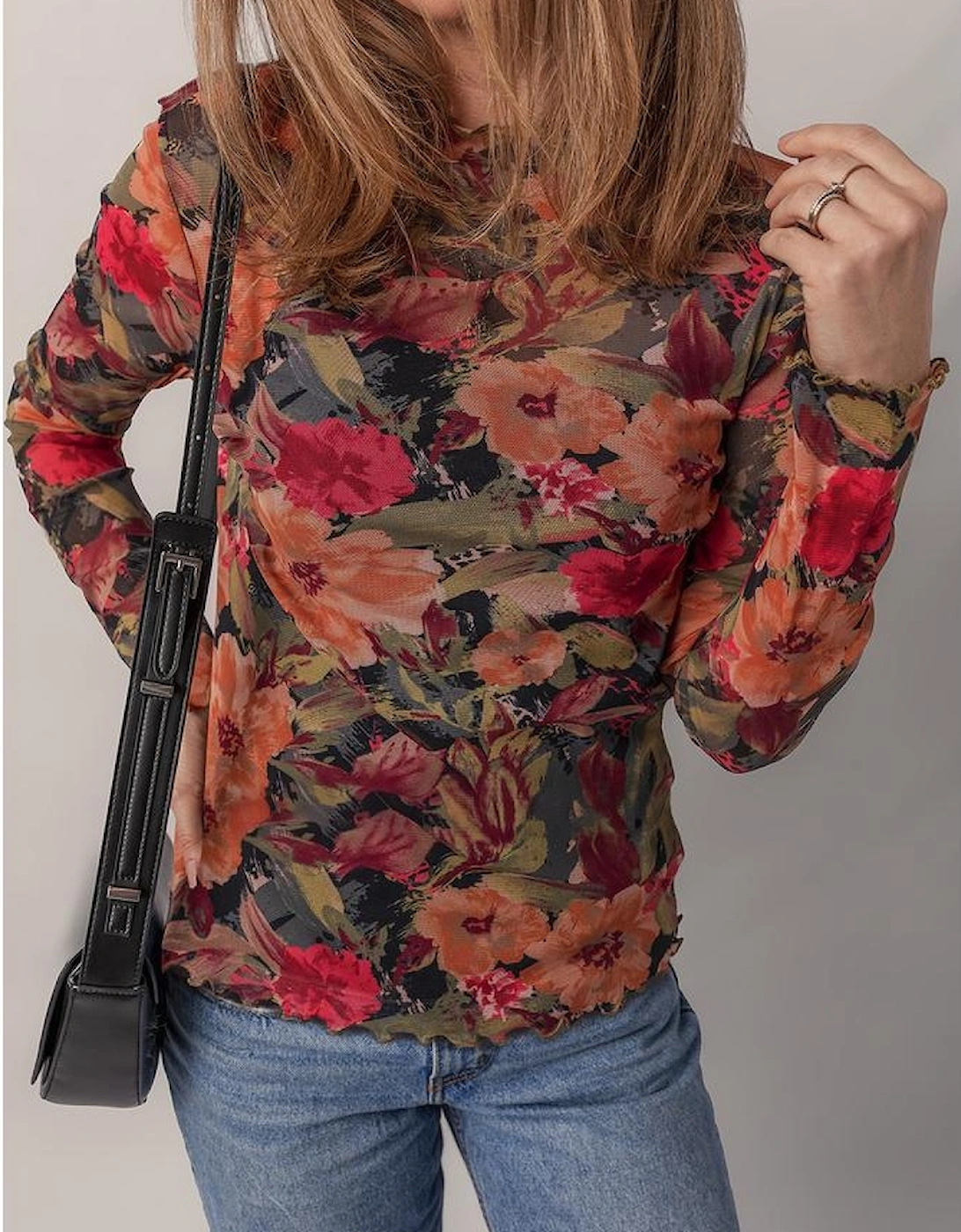Multicolour Floral Print Lettuce Trim Long Sleeve Mesh Top