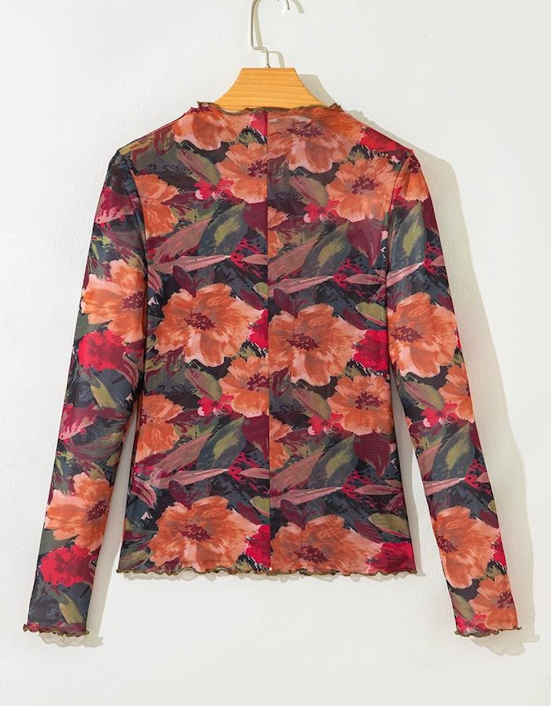 Multicolour Floral Print Lettuce Trim Long Sleeve Mesh Top