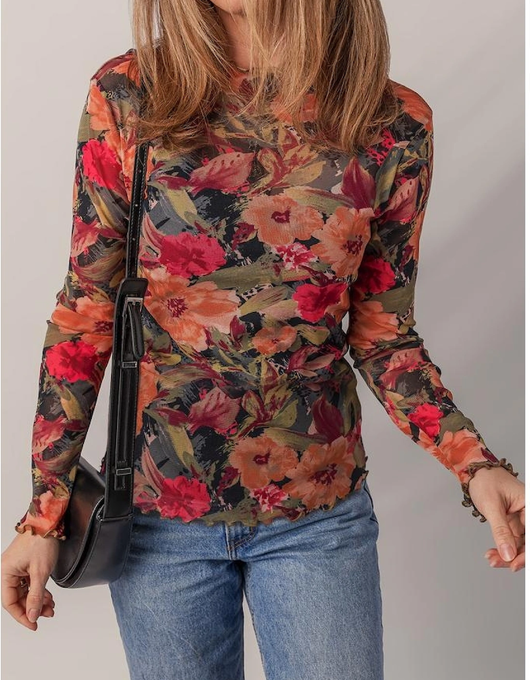 Multicolour Floral Print Lettuce Trim Long Sleeve Mesh Top