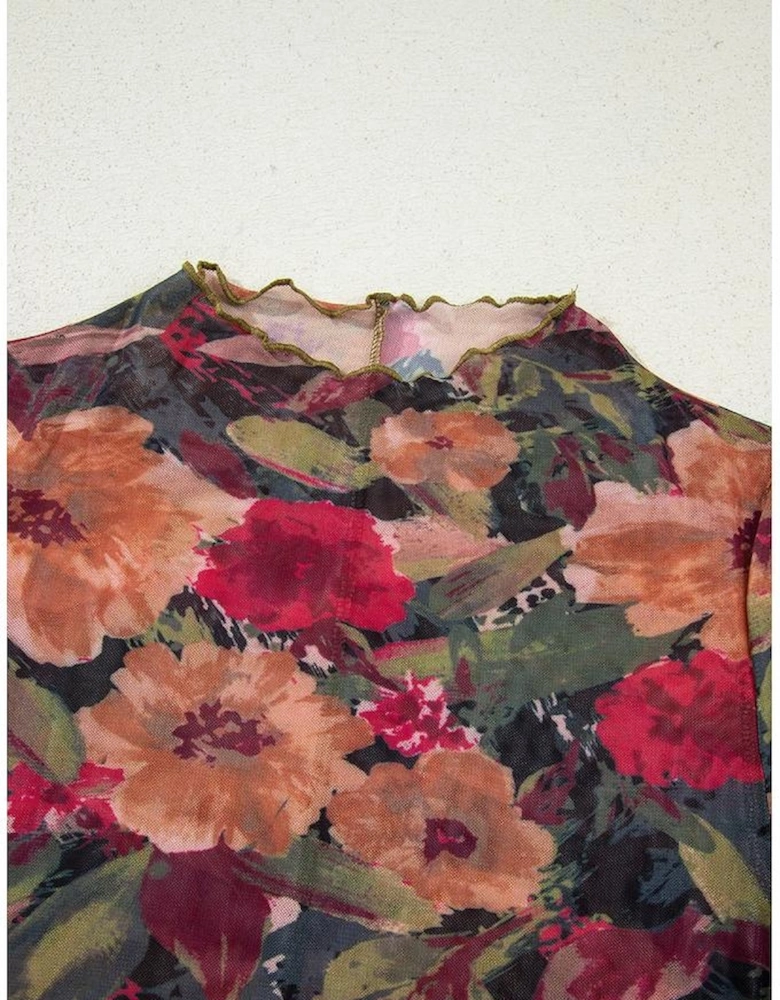 Multicolour Floral Print Lettuce Trim Long Sleeve Mesh Top