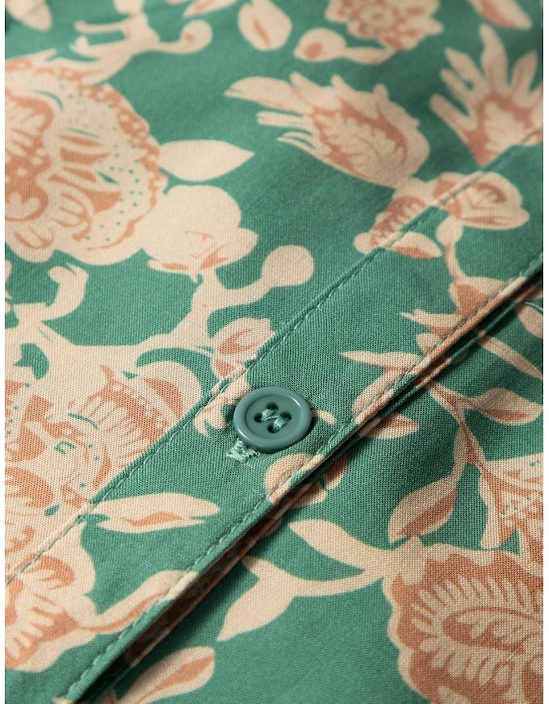 Green Floral Print Pleated Buttoned V Neck Short Sleeve Blouse