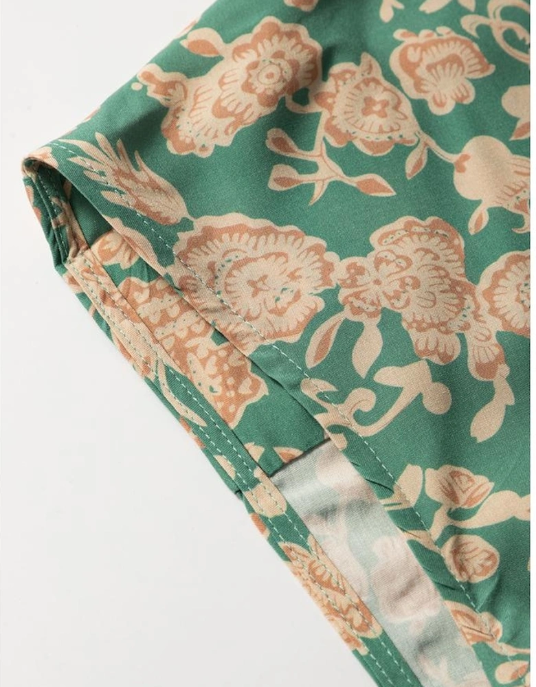 Green Floral Print Pleated Buttoned V Neck Short Sleeve Blouse