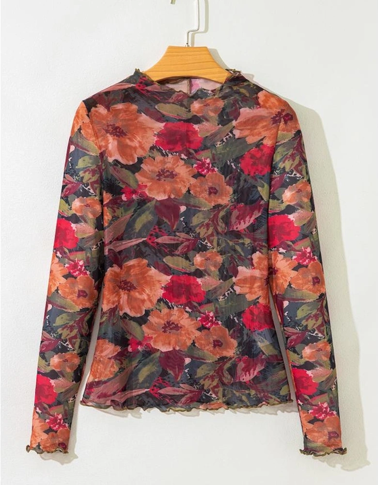 Multicolour Floral Print Lettuce Trim Long Sleeve Mesh Top