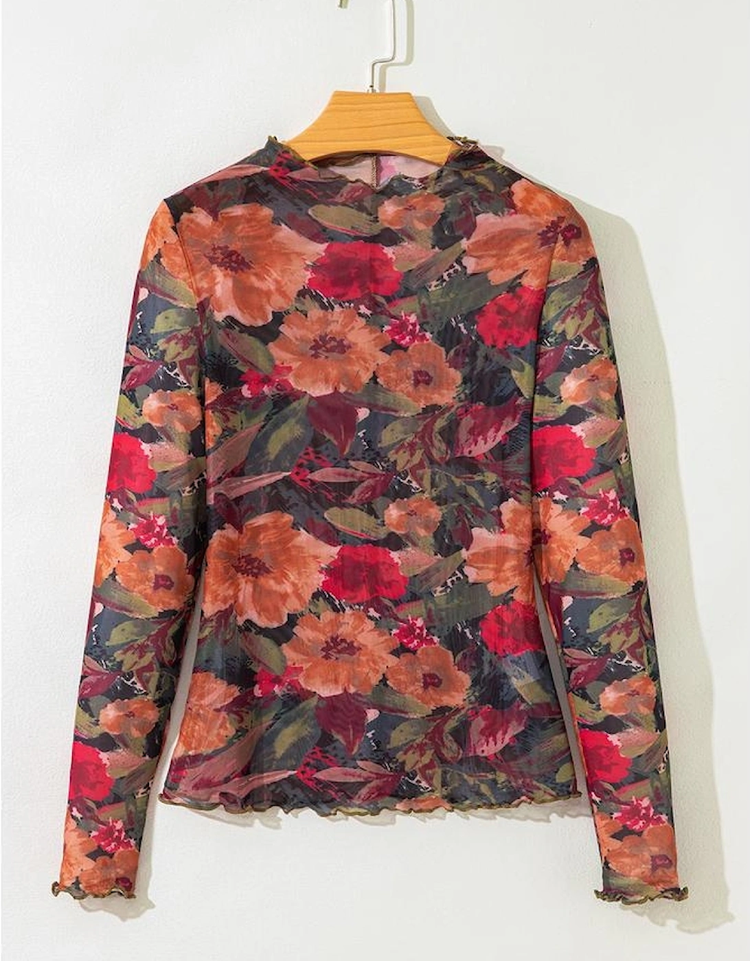 Multicolour Floral Print Lettuce Trim Long Sleeve Mesh Top