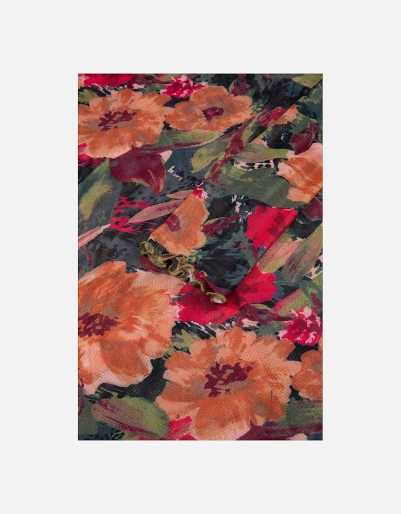 Multicolour Floral Print Lettuce Trim Long Sleeve Mesh Top