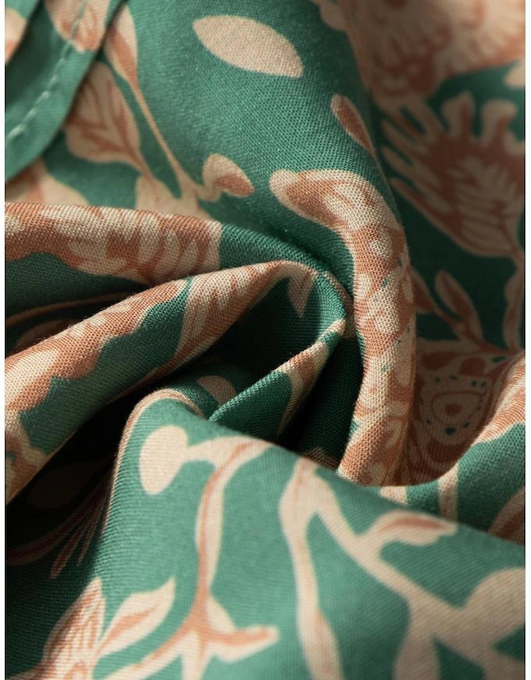 Green Floral Print Pleated Buttoned V Neck Short Sleeve Blouse