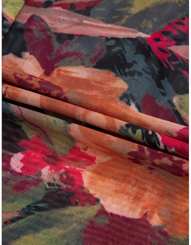 Multicolour Floral Print Lettuce Trim Long Sleeve Mesh Top
