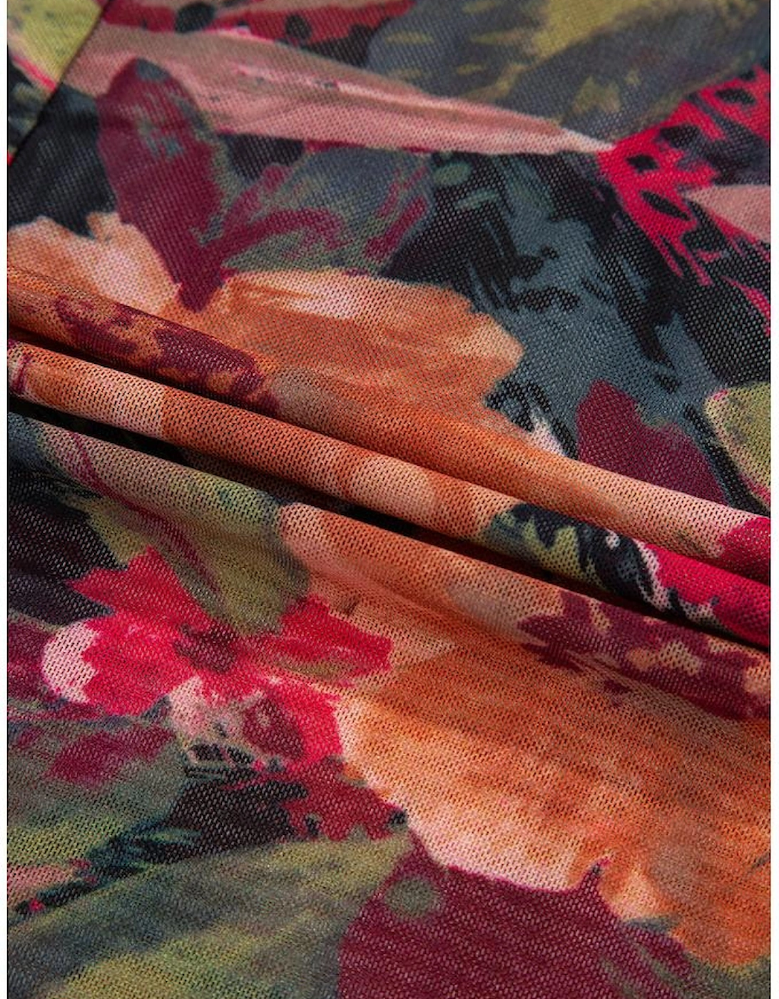 Multicolour Floral Print Lettuce Trim Long Sleeve Mesh Top