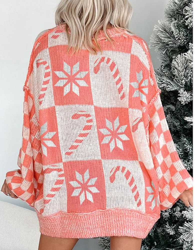 Pink Candycane Snowflake Checker Christmas Holiday Drop Shoulder Tunic Loose Sweater