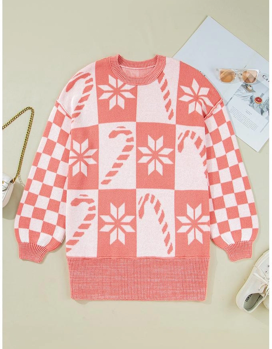 Pink Candycane Snowflake Checker Christmas Holiday Drop Shoulder Tunic Loose Sweater