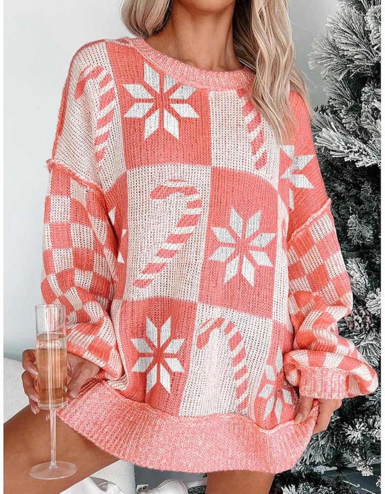 Pink Candycane Snowflake Checker Christmas Holiday Drop Shoulder Tunic Loose Sweater