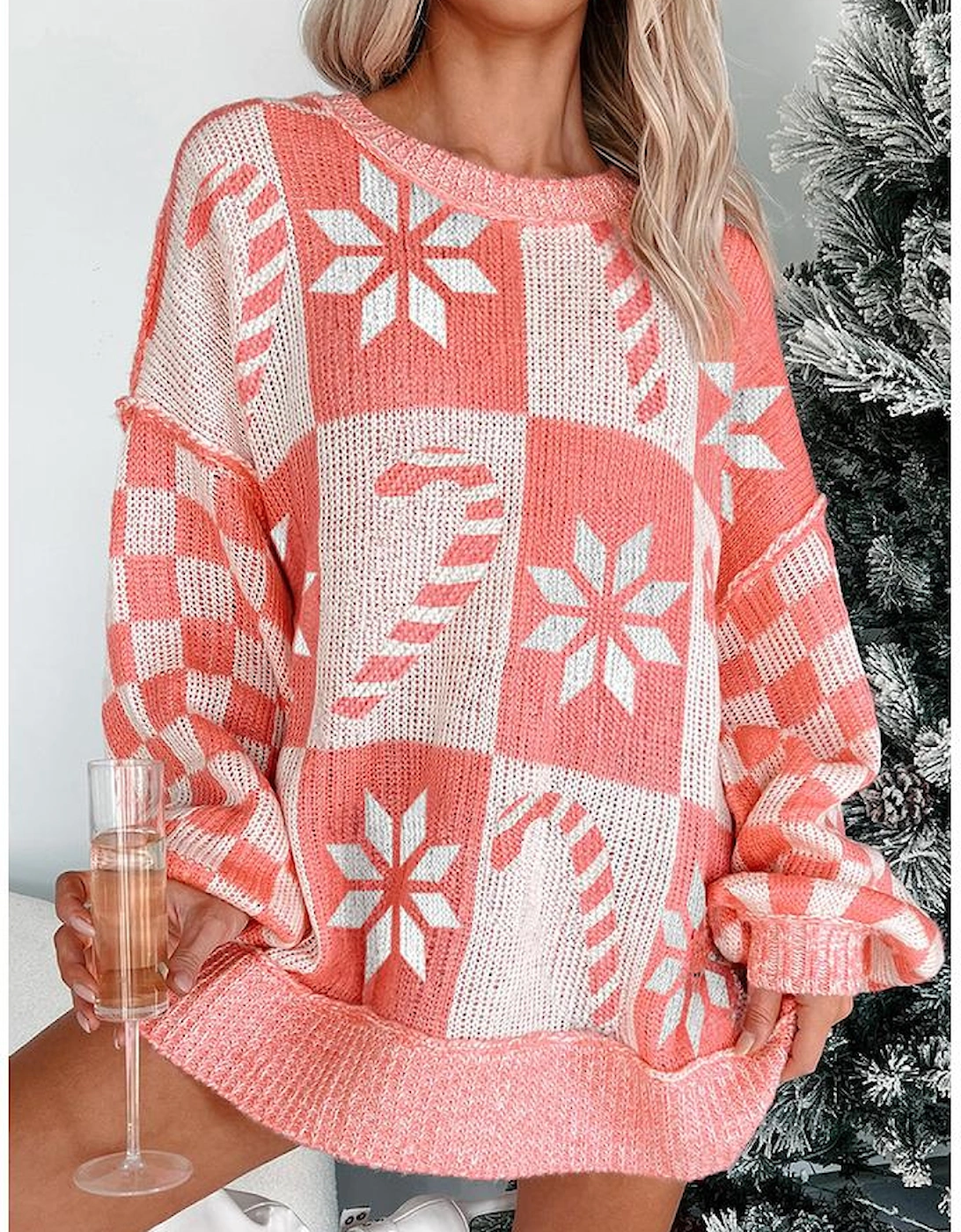 Pink Candycane Snowflake Checker Christmas Holiday Drop Shoulder Tunic Loose Sweater
