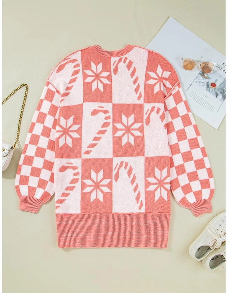 Pink Candycane Snowflake Checker Christmas Holiday Drop Shoulder Tunic Loose Sweater