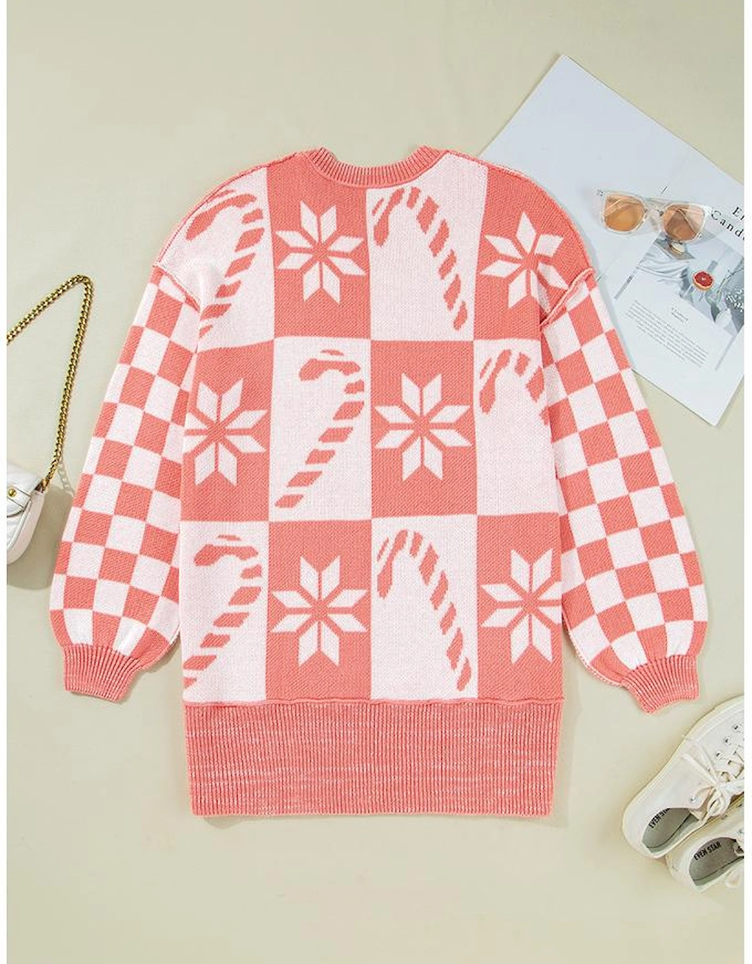 Pink Candycane Snowflake Checker Christmas Holiday Drop Shoulder Tunic Loose Sweater