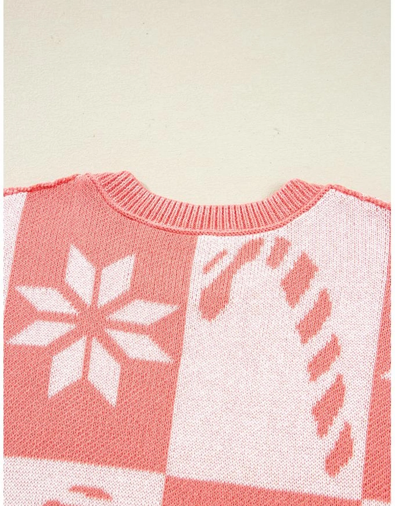 Pink Candycane Snowflake Checker Christmas Holiday Drop Shoulder Tunic Loose Sweater