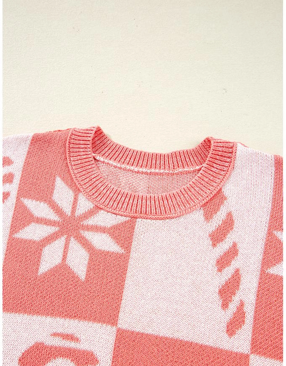 Pink Candycane Snowflake Checker Christmas Holiday Drop Shoulder Tunic Loose Sweater