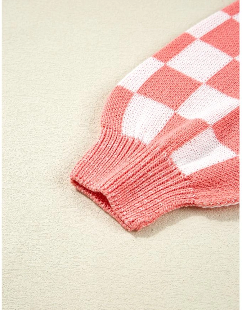 Pink Candycane Snowflake Checker Christmas Holiday Drop Shoulder Tunic Loose Sweater