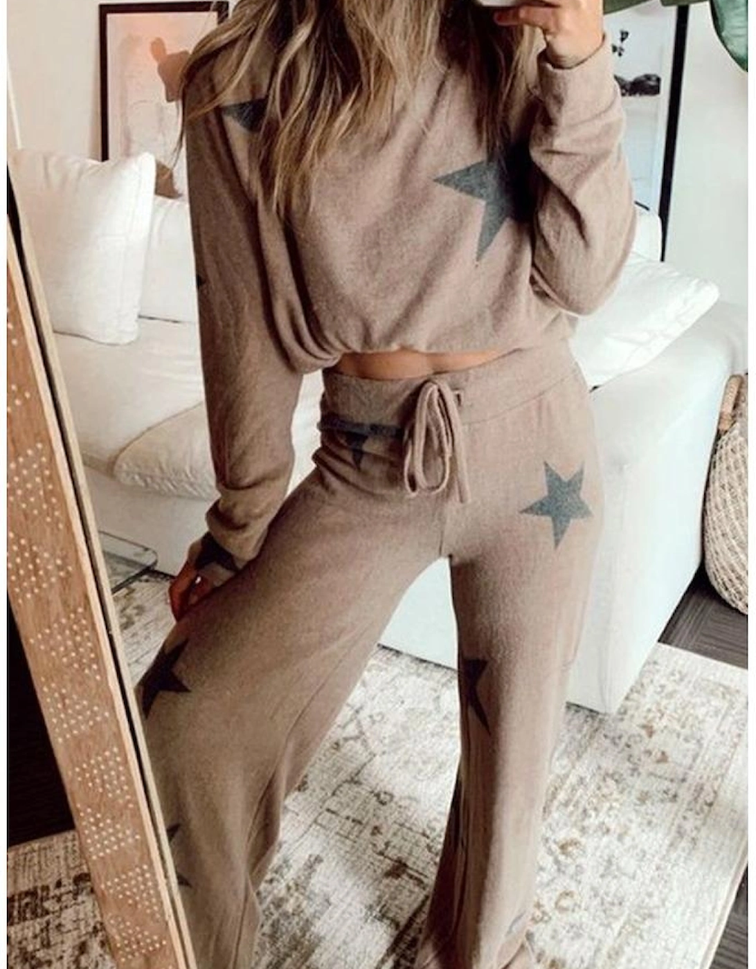Khaki Retro Star Print Loose Long Sleeve Drawstring Wide Leg 2pcs Lounge Set