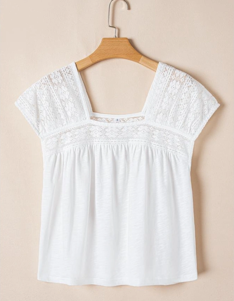 White Hollowed Lace Patchwork Square Neck Short Sleeve Blouse
