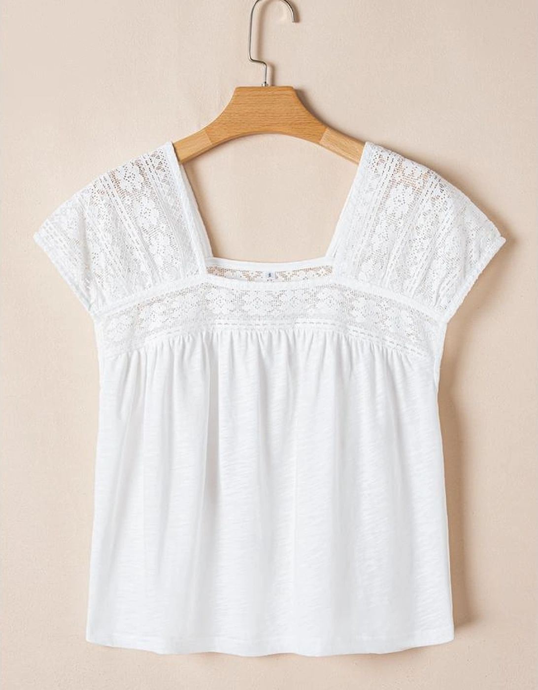 White Hollowed Lace Patchwork Square Neck Short Sleeve Blouse