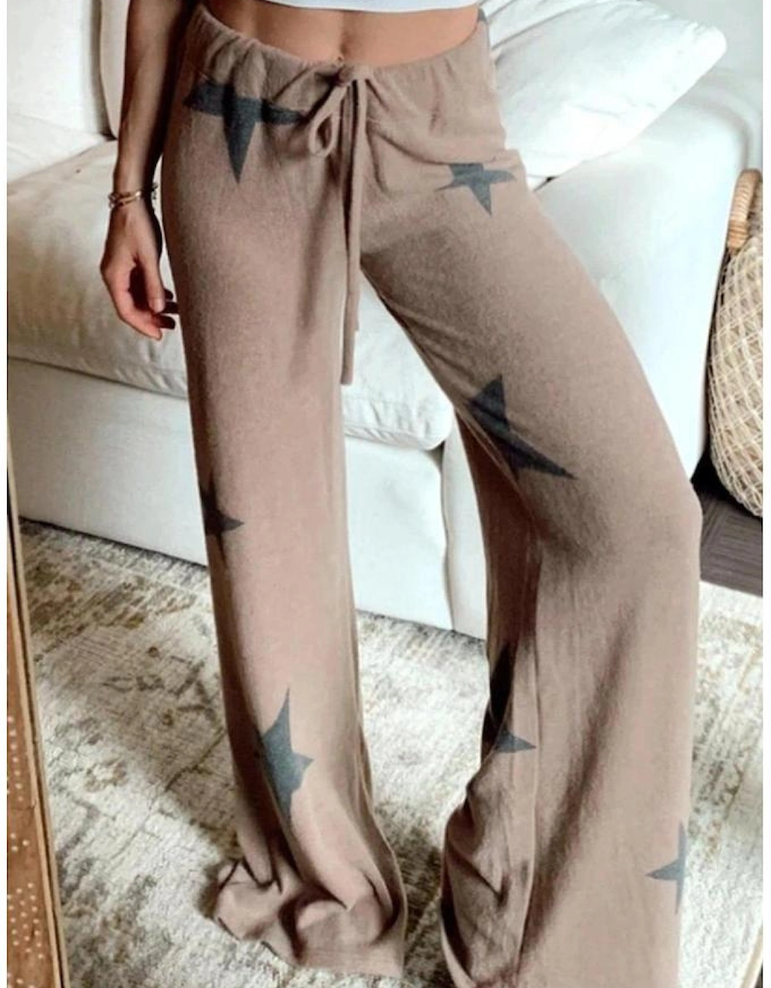 Khaki Retro Star Print Loose Long Sleeve Drawstring Wide Leg 2pcs Lounge Set