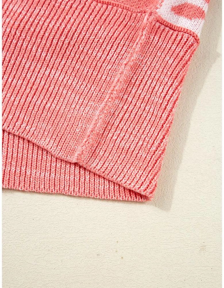 Pink Candycane Snowflake Checker Christmas Holiday Drop Shoulder Tunic Loose Sweater