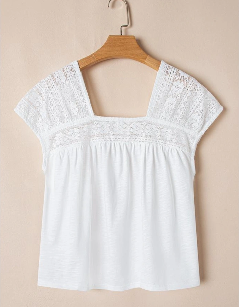 White Hollowed Lace Patchwork Square Neck Short Sleeve Blouse