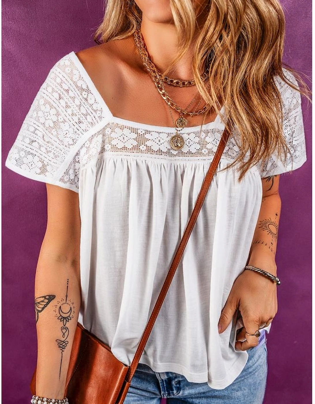 White Hollowed Lace Patchwork Square Neck Short Sleeve Blouse