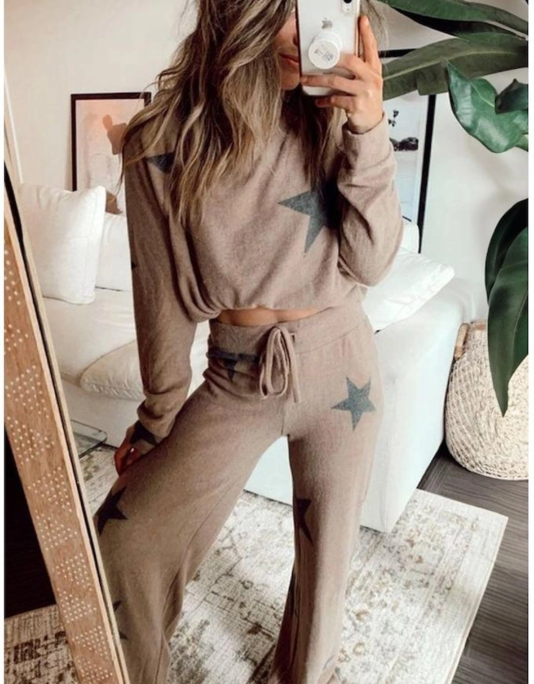 Khaki Retro Star Print Loose Long Sleeve Drawstring Wide Leg 2pcs Lounge Set