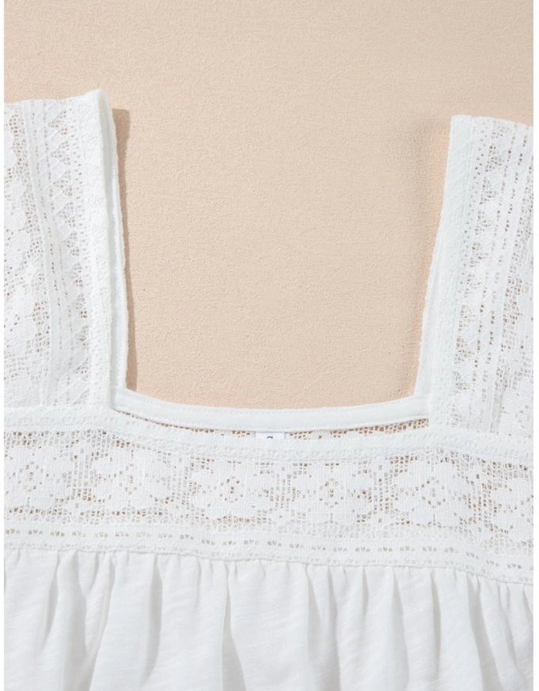 White Hollowed Lace Patchwork Square Neck Short Sleeve Blouse