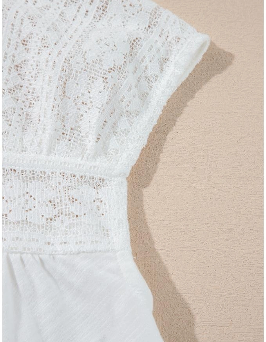 White Hollowed Lace Patchwork Square Neck Short Sleeve Blouse