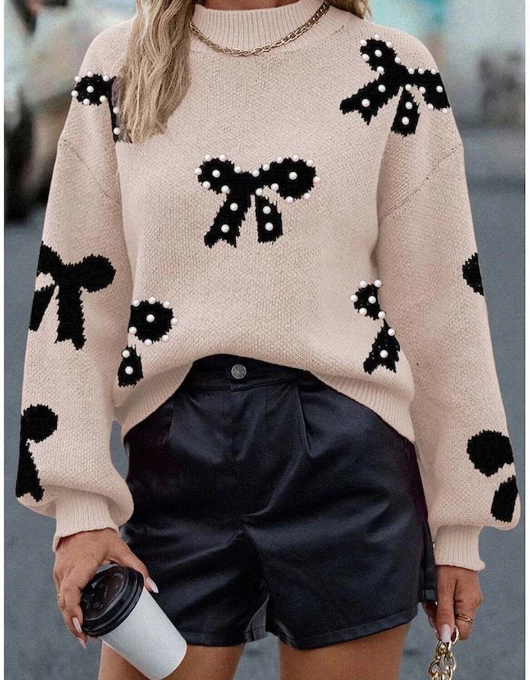 Smoke Gray Pearl Embellished Bow Pattern Loose Sweater