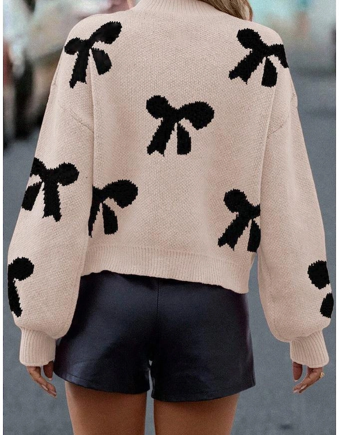 Smoke Gray Pearl Embellished Bow Pattern Loose Sweater, 11 of 10