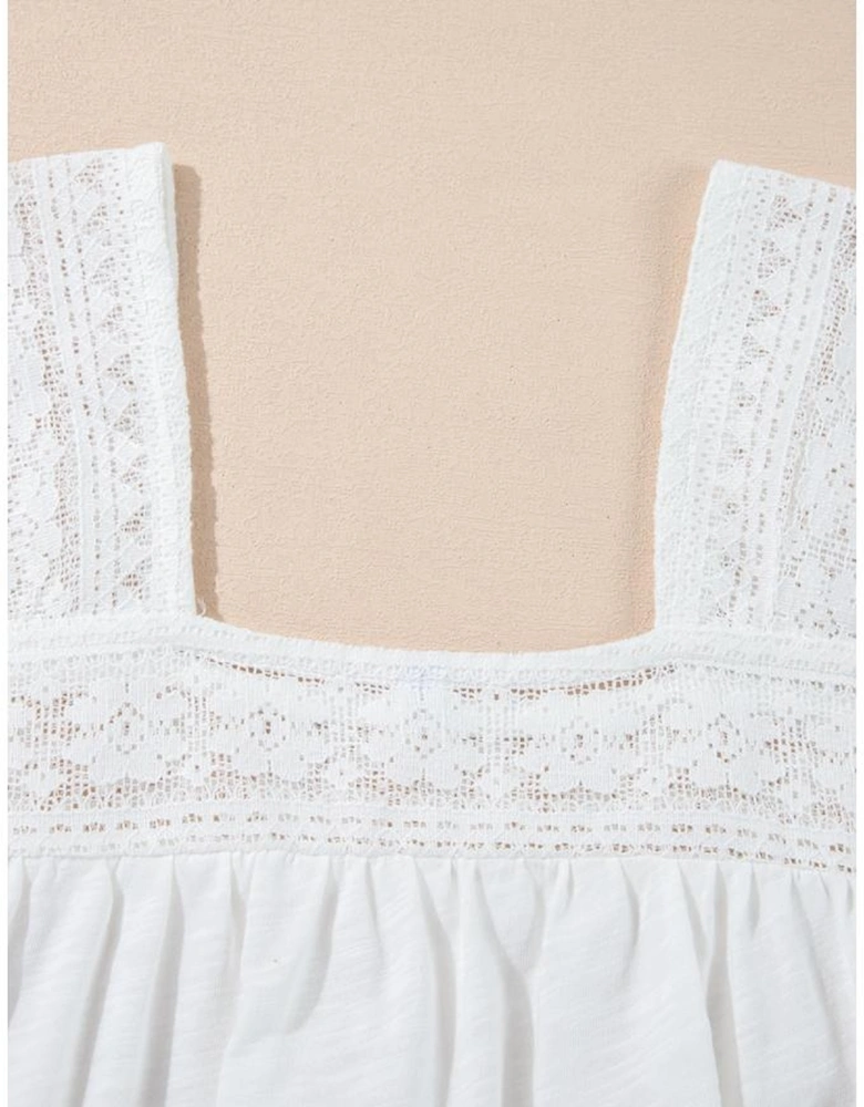 White Hollowed Lace Patchwork Square Neck Short Sleeve Blouse