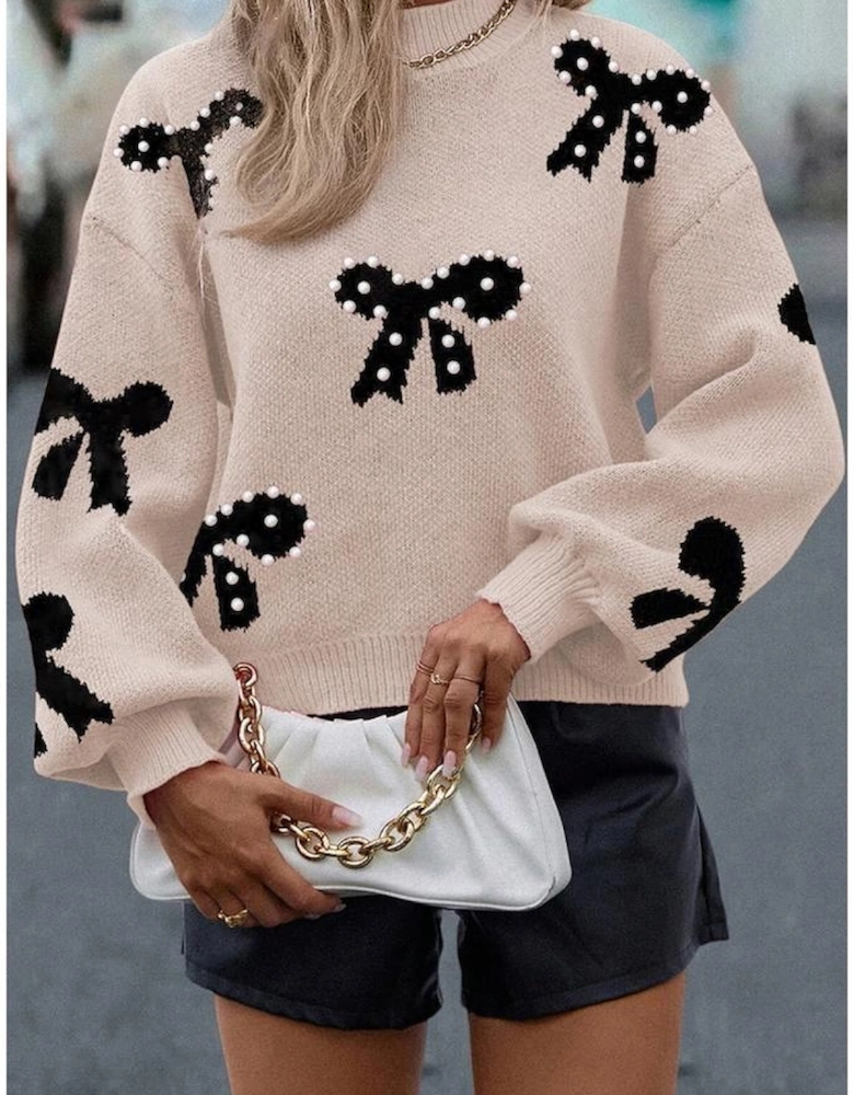 Smoke Gray Pearl Embellished Bow Pattern Loose Sweater